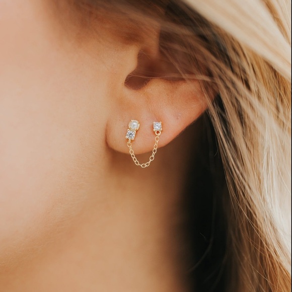 Julia Double Studs Elegant Gold Chain Earrings - Picture 3 of 5